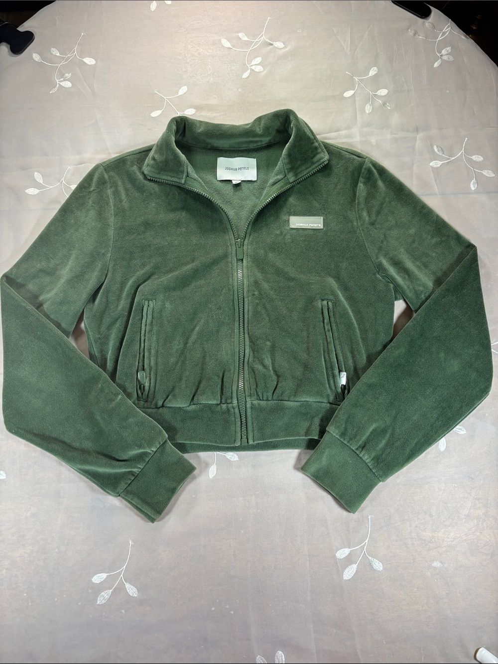 Y2K Joshua Perets Olive Green Velour Zip-Up Cropped Jacket Sz Medium